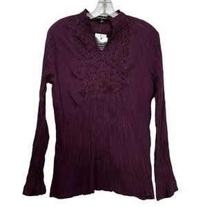 Greater Good Medium Burgundy Beaded Long Sleeve 100% Cotton Blouse NWT O1
